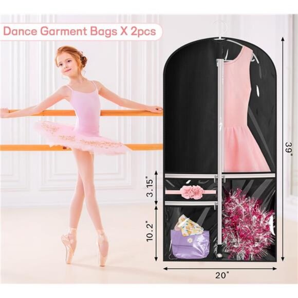 Dance Garment Bag Set of 2 Costume Dress Storage Travel Bags with Clear Pockets - Picture 3 of 7